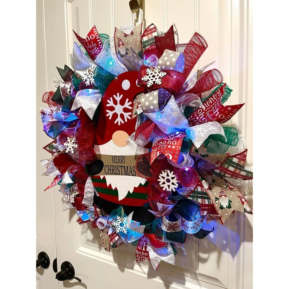 Christmas Snowflake Gnome Holiday Ribbon Door Wreath Handmade 22 ins LED W9